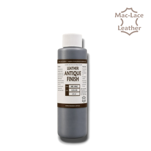 Image ALT Text: 125ml MR MAC Leathercraft Antique Finish for colouring natural and vegetable-tanned leather and highlighting carved, tooled and stamped patterns.