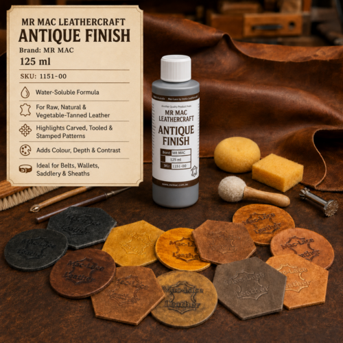 Image ALT Text: 125ml MR MAC Leathercraft Antique Finish for colouring natural and vegetable-tanned leather and highlighting carved, tooled and stamped patterns.