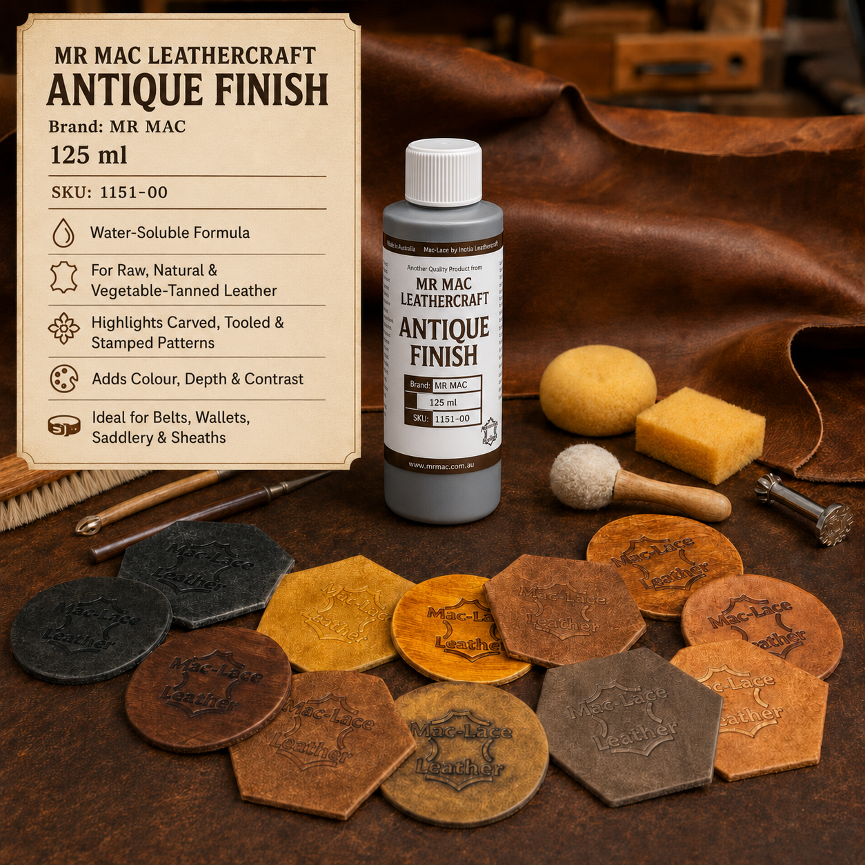 Image ALT Text: 125ml MR MAC Leathercraft Antique Finish for colouring natural and vegetable-tanned leather and highlighting carved, tooled and stamped patterns.
