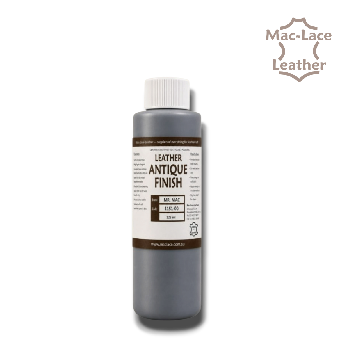 Image ALT Text: 125ml MR MAC Leathercraft Antique Finish for colouring natural and vegetable-tanned leather and highlighting carved, tooled and stamped patterns.