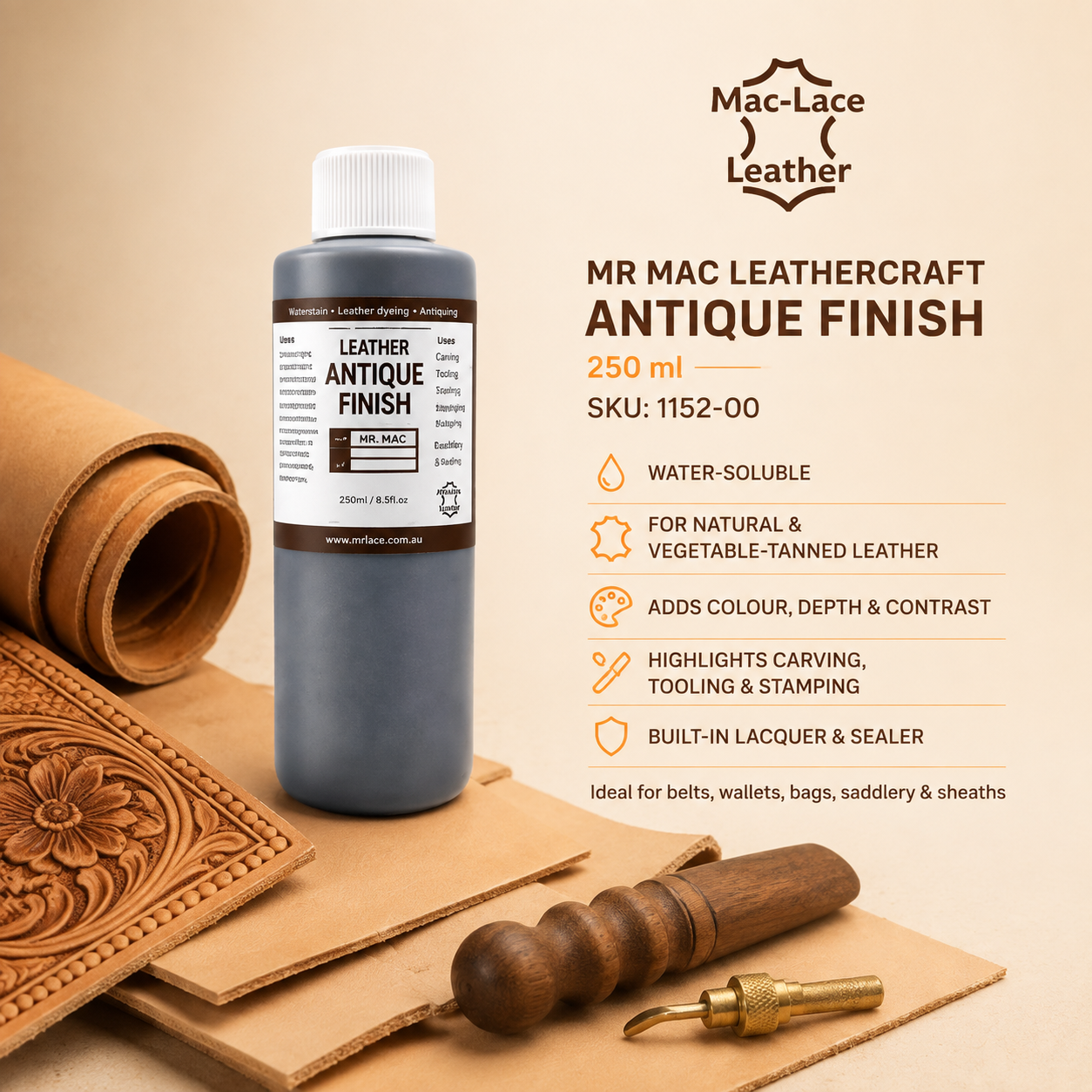 250ml MR MAC Leathercraft Antique Finish bottle for colouring leather and highlighting carved, stamped and tooled patterns.