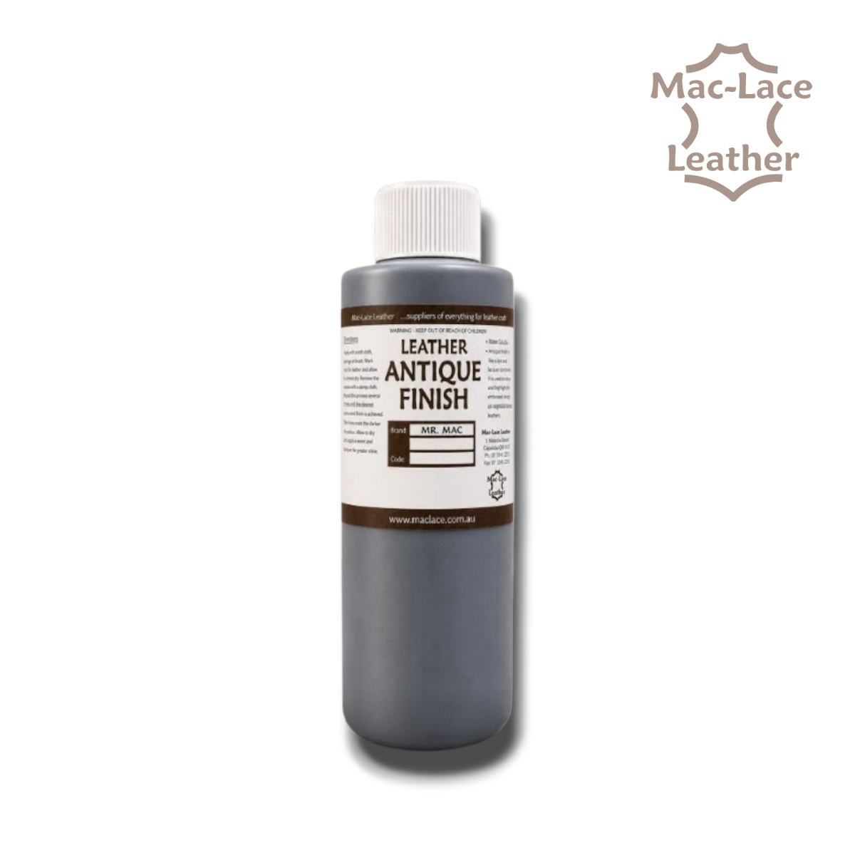 250ml MR MAC Leathercraft Antique Finish bottle for colouring leather and highlighting carved, stamped and tooled patterns.