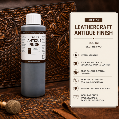500ml MR MAC Leathercraft Antique Finish bottle for colouring leather and highlighting carved, stamped and tooled patterns.