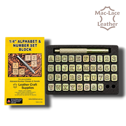 6.5mm block-style alphabet and number leather stamp set with handle