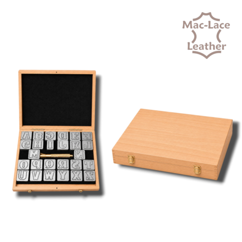 25mm leather embossing alphabet set with handle and wooden storage box