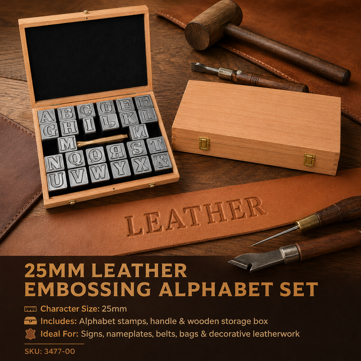 25mm leather embossing alphabet set with handle and wooden storage box