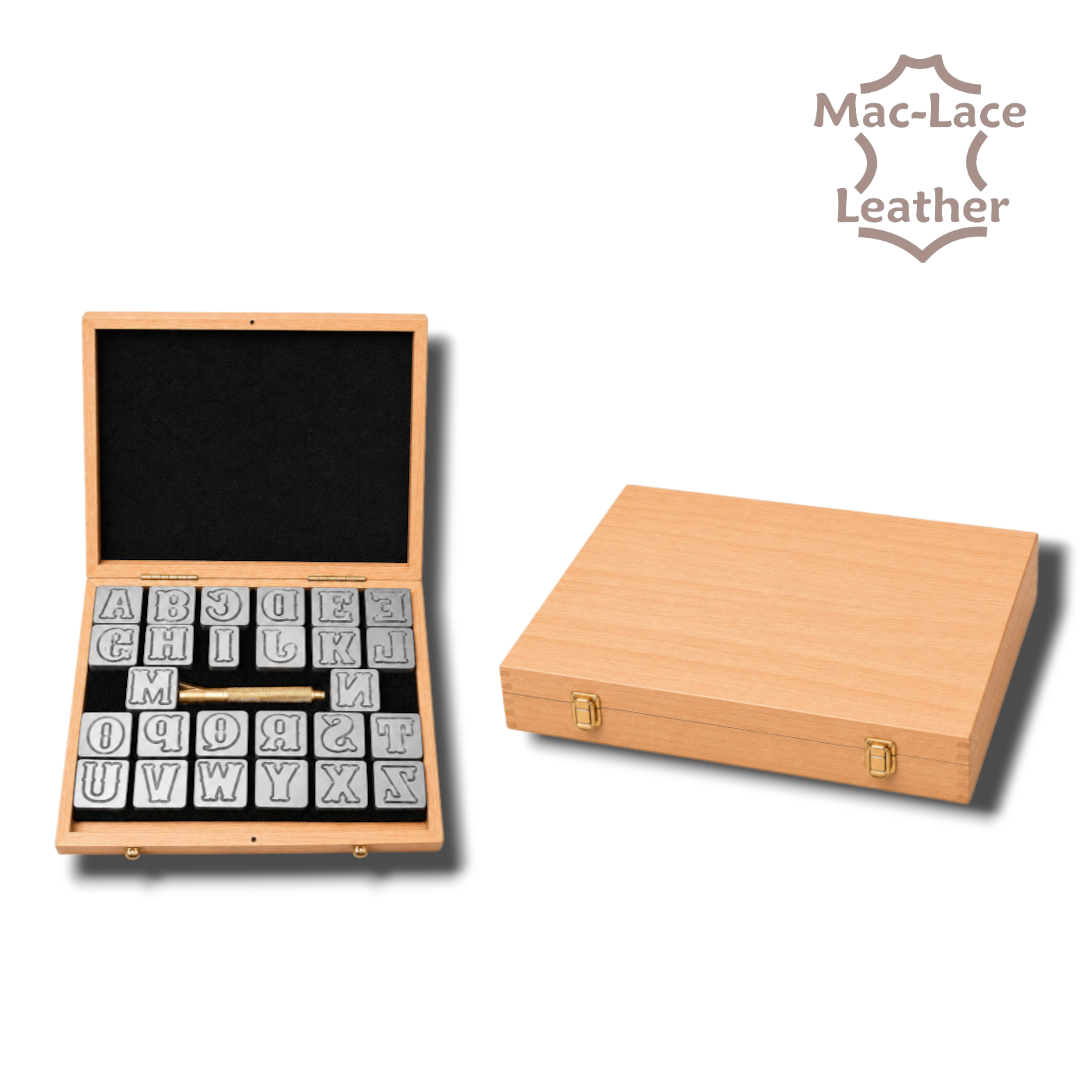 25mm leather embossing alphabet set with handle and wooden storage box