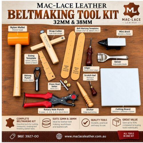 Mac-Lace Beltmaking Kit with leather strap cutter, belt sizing templates, edging tools, skiving tools and hole punches