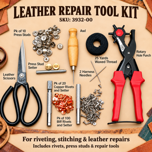 Leather repair tool kit with assorted repair tools, rivets and press studs