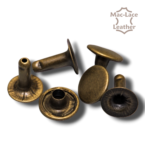 12mm antique brass single cap rivets with domed top caps and flat bases, suitable for joining 10–11mm thick leather