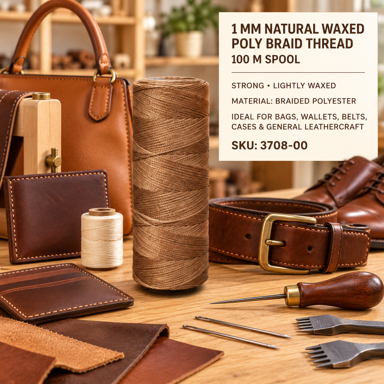 1mm natural waxed poly braid thread on 100m spool for leather hand-stitching