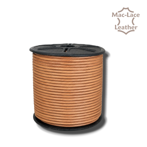 2mm round natural leather lace supplied on a 50-metre spool for jewellery, braiding, beading and leathercraft projects.
