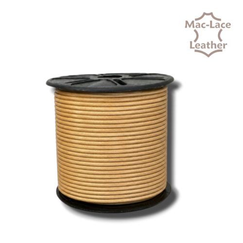 2mm round gold leather lace supplied on a 50-metre spool for jewellery, braiding, beading and leathercraft projects.