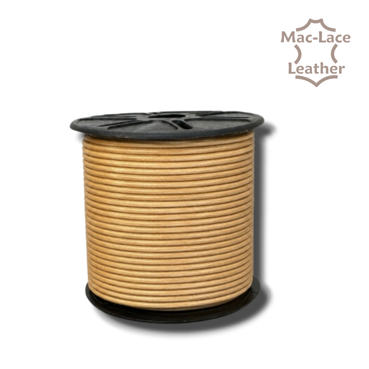 2mm round gold leather lace supplied on a 50-metre spool for jewellery, braiding, beading and leathercraft projects.