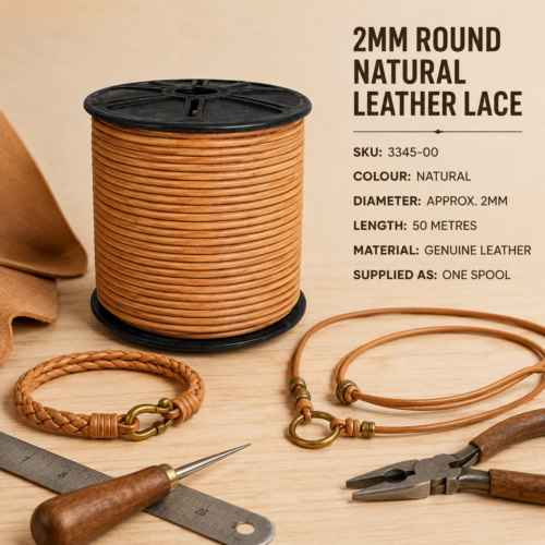 2mm round natural leather lace supplied on a 50-metre spool for jewellery, braiding, beading and leathercraft projects.