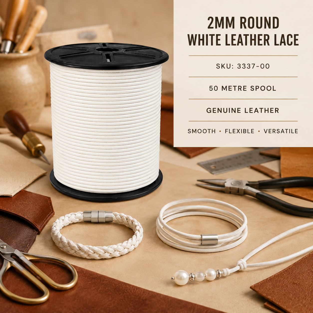 2mm round white leather lace supplied on a 50-metre spool for jewellery, braiding, beading and leathercraft projects.