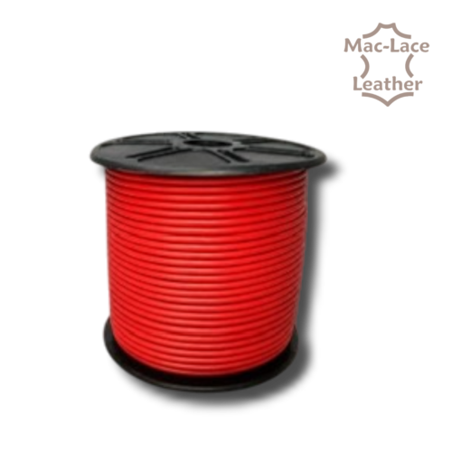 2mm round red leather lace supplied on a 50-metre spool for jewellery, braiding and leathercraft projects.