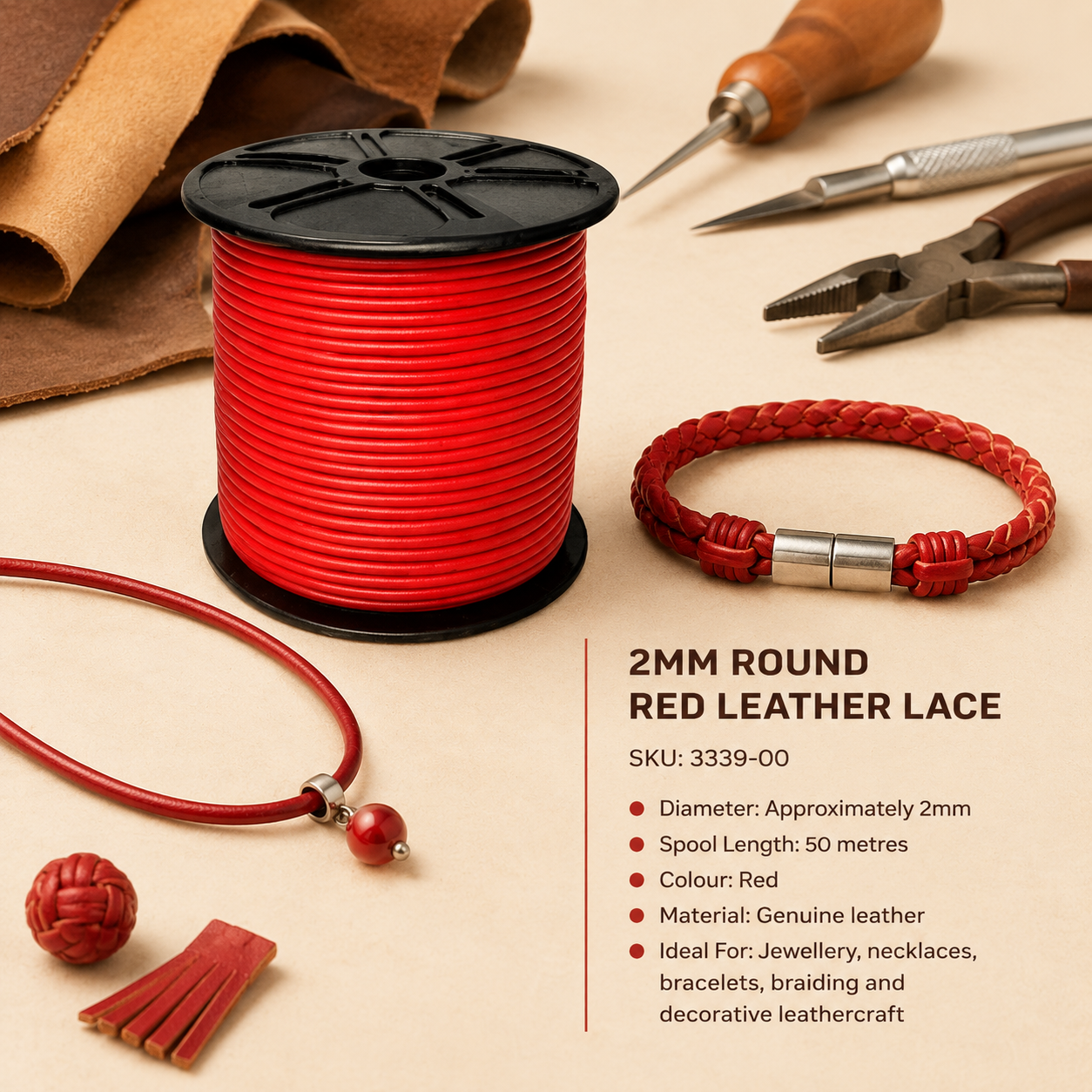2mm round red leather lace supplied on a 50-metre spool for jewellery, braiding and leathercraft projects.