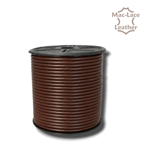 2mm round brown leather lace supplied on a 50-metre spool for jewellery, braiding, beading and leathercraft projects.