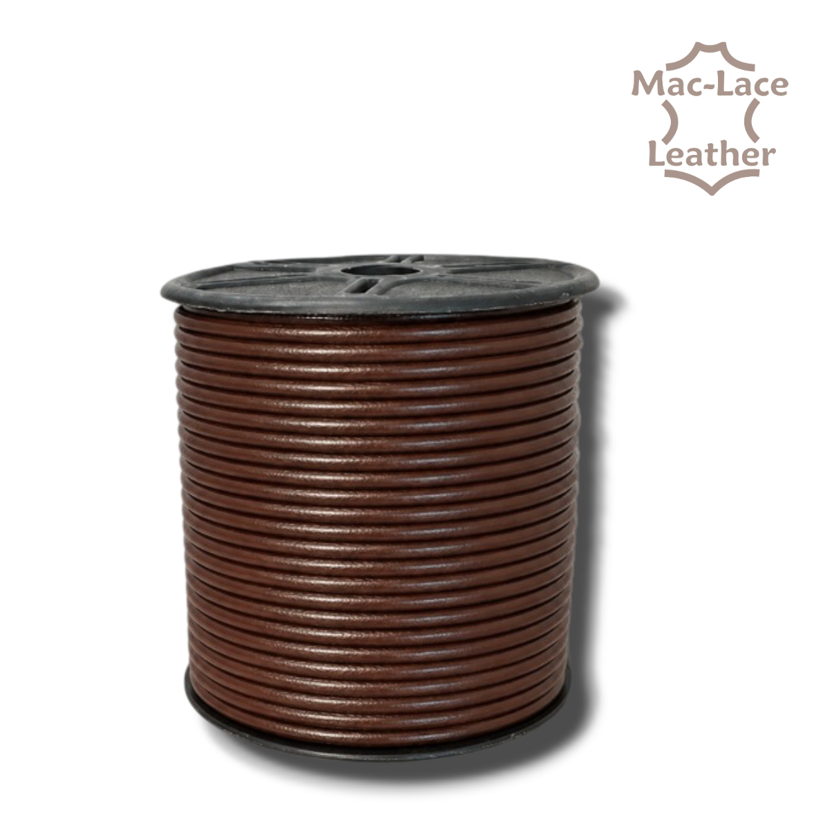 2mm round brown leather lace supplied on a 50-metre spool for jewellery, braiding, beading and leathercraft projects.