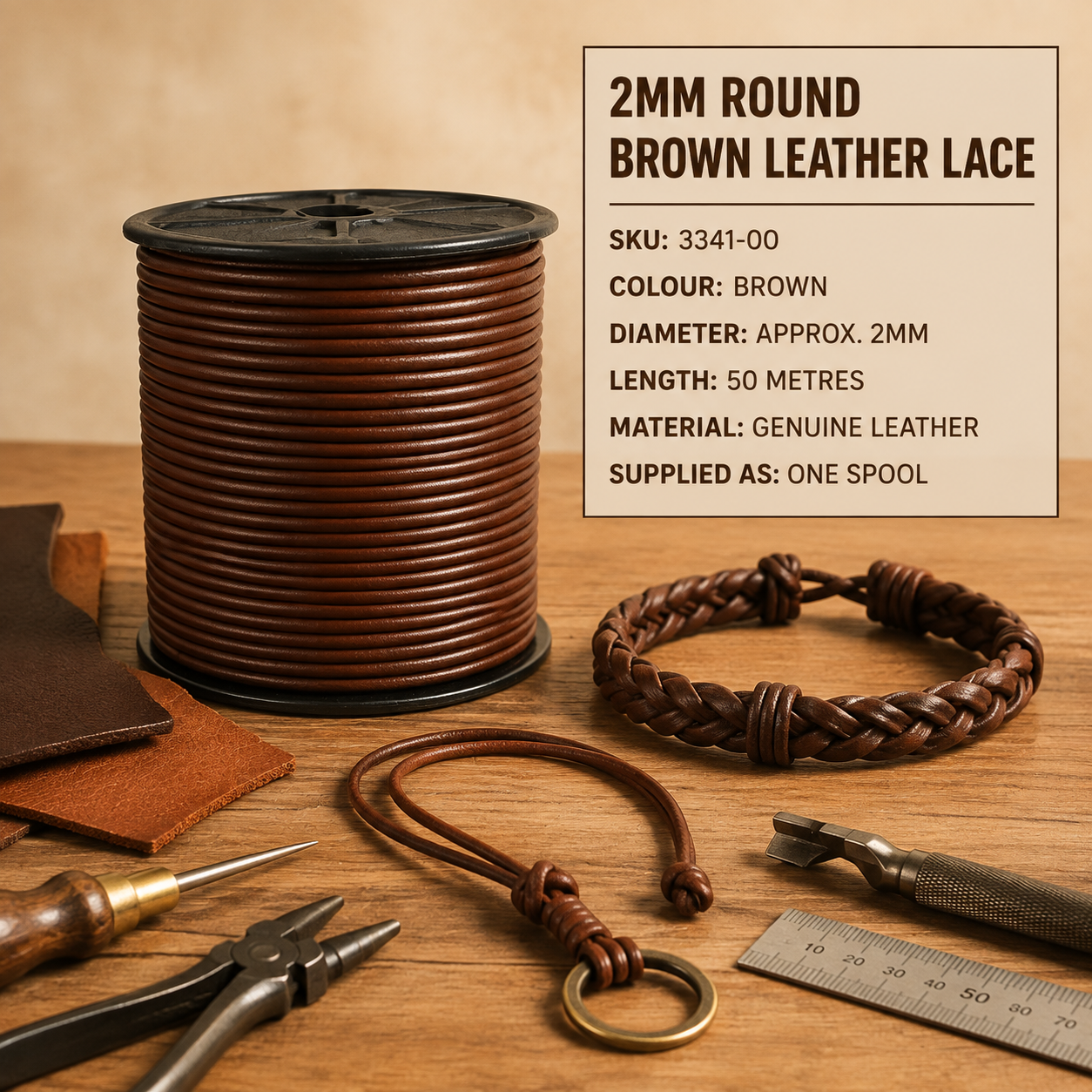 2mm round brown leather lace supplied on a 50-metre spool for jewellery, braiding, beading and leathercraft projects.