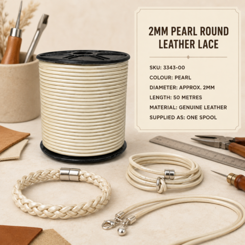 2mm round pearl leather lace supplied on a 50-metre spool for jewellery, braiding, beading and leathercraft projects.