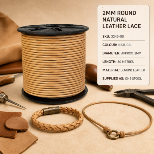 2mm round gold leather lace supplied on a 50-metre spool for jewellery, braiding, beading and leathercraft projects.