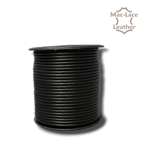 2mm round black leather lace supplied on a 50-metre spool for jewellery, braiding, beading and leathercraft projects.