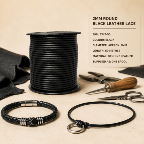2mm round black leather lace supplied on a 50-metre spool for jewellery, braiding, beading and leathercraft projects.