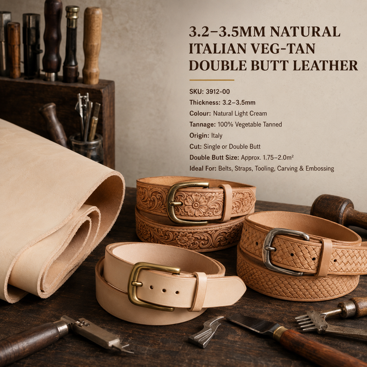 3.2–3.5mm Natural Italian Veg-Tan Double Butt Leather