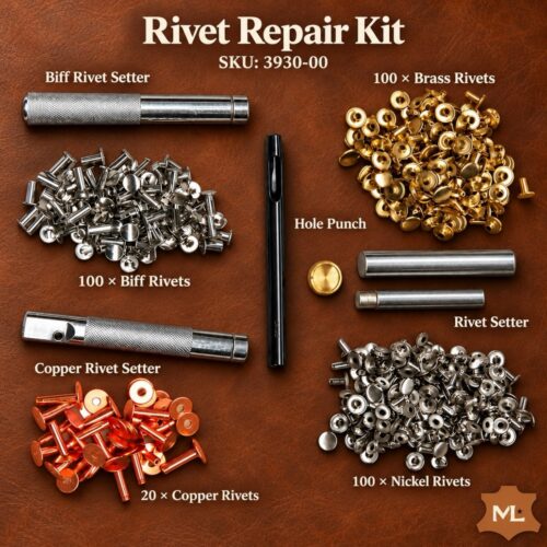 Mac-Lace Rivet Repair Kit with assorted fasteners and leather repair tools