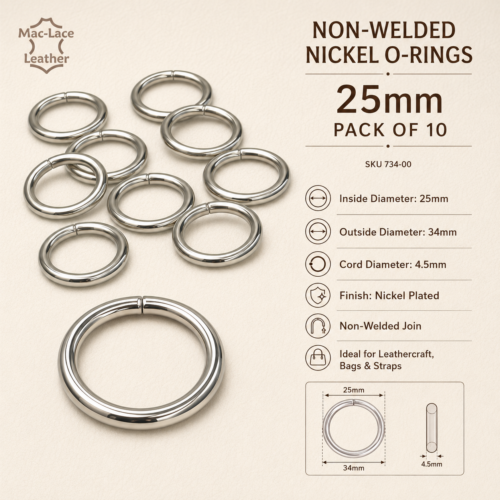 Pack of 10 25mm non-welded nickel-plated steel rings with 34mm outside diameter and 4.5mm cord thickness for handbags and leathercraft.