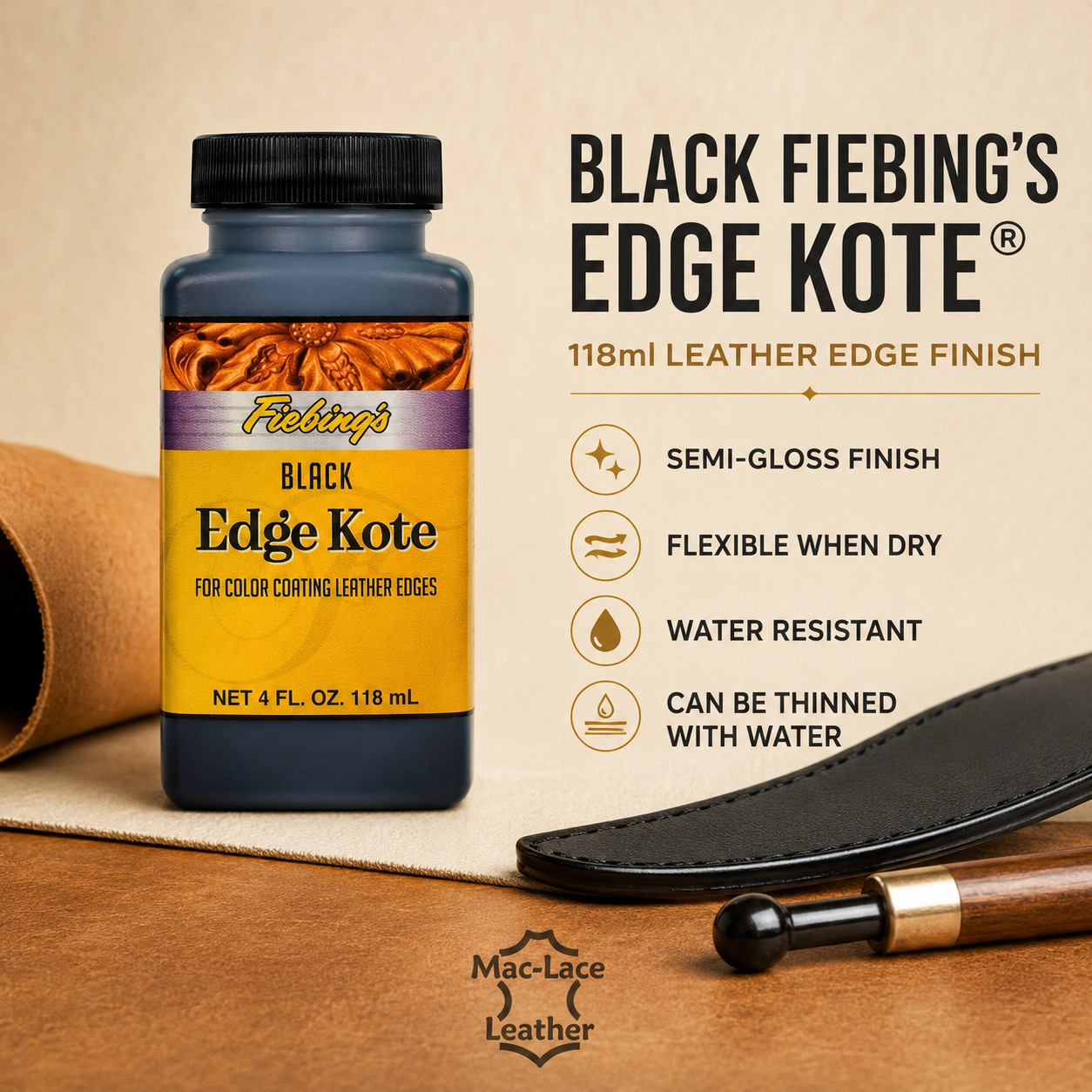 118ml Black Fiebing’s Edge Kote® flexible semi-gloss leather edge finish.