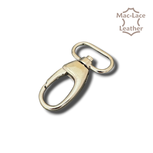 25mm nickel swivel snap with polished finish, 20mm outer hook width, 13mm hook opening and 26mm strap loop for handbag straps.