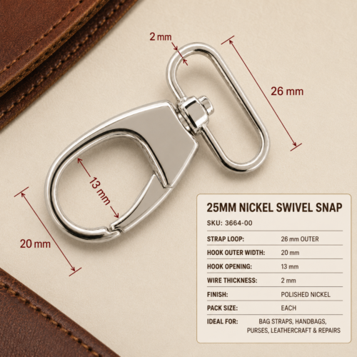 25mm nickel swivel snap with polished finish, 20mm outer hook width, 13mm hook opening and 26mm strap loop for handbag straps.