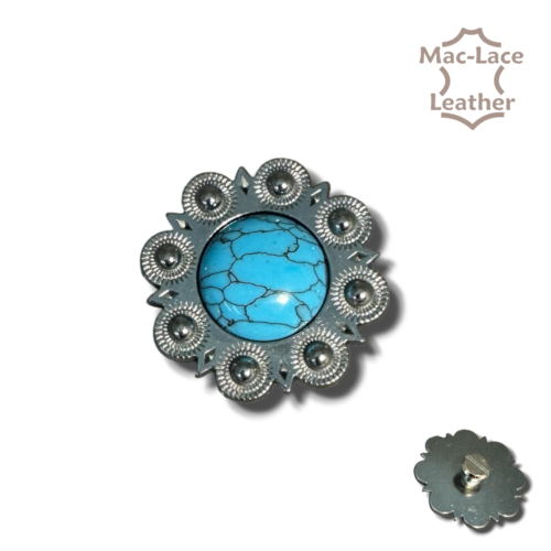 32 mm turquoise stone centre concho with ornate metal surround and screw-back fitting for belts, bags, saddlery and leathercraft