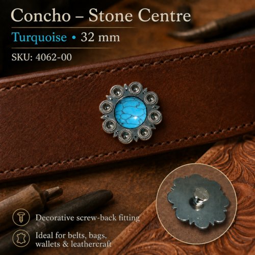 32 mm turquoise stone centre concho with ornate metal surround and screw-back fitting for belts, bags, saddlery and leathercraft