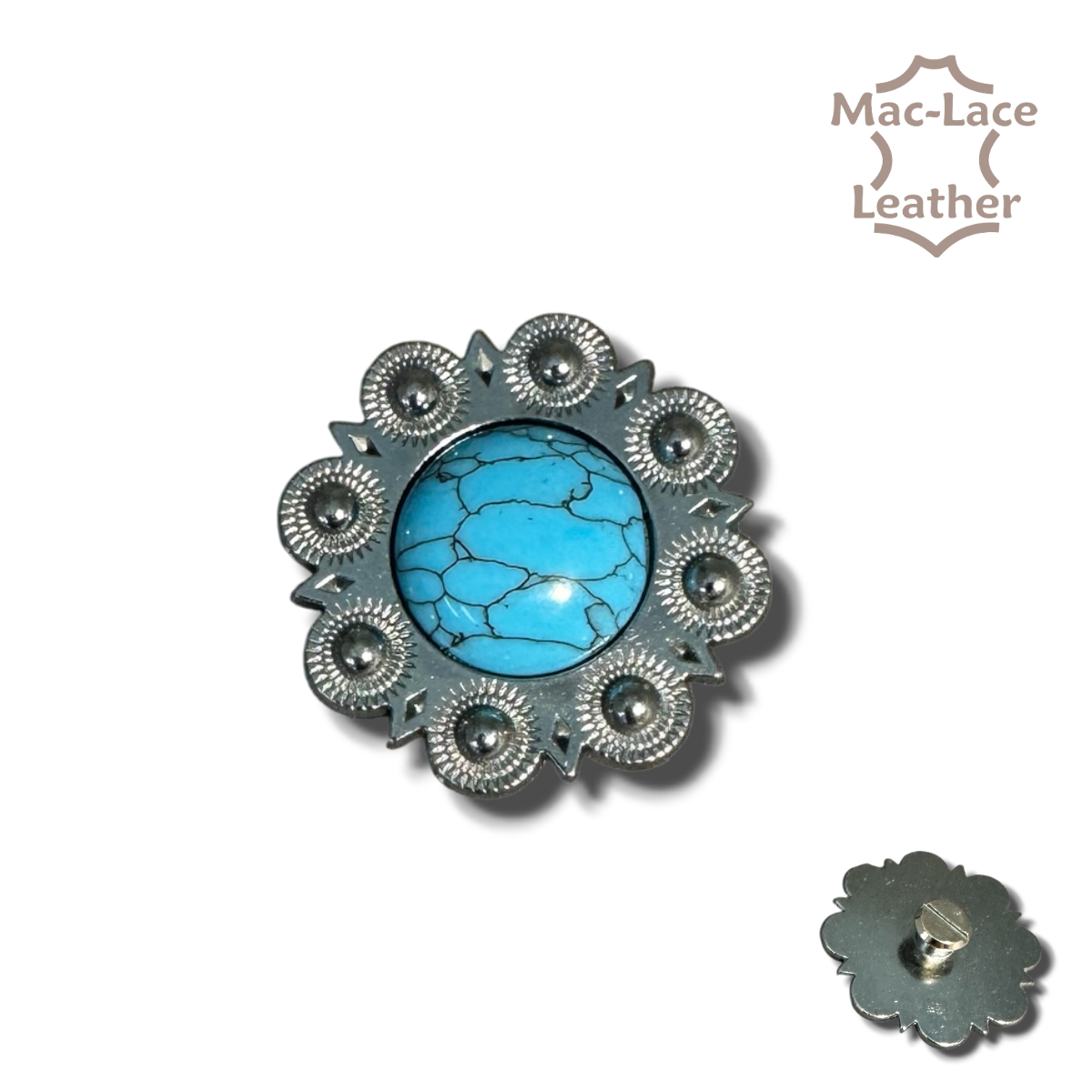 32 mm turquoise stone centre concho with ornate metal surround and screw-back fitting for belts, bags, saddlery and leathercraft