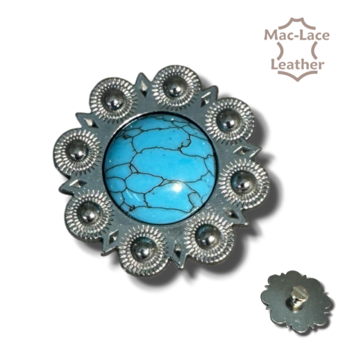 38 mm turquoise stone centre decorative concho with ornate metal surround and screw-back fitting for leathercraft