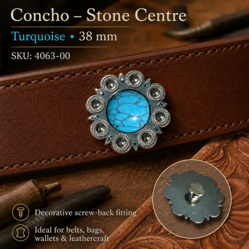 38 mm turquoise stone centre decorative concho with ornate metal surround and screw-back fitting for leathercraft