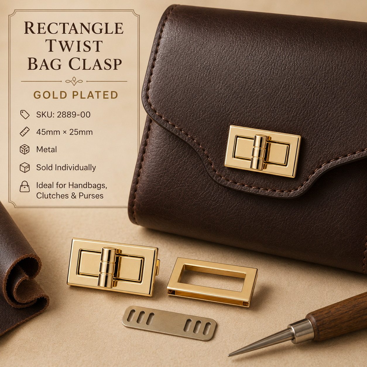 45mm x 25mm rectangle gold-plated twist bag clasp for leather handbags – SKU 2889-00