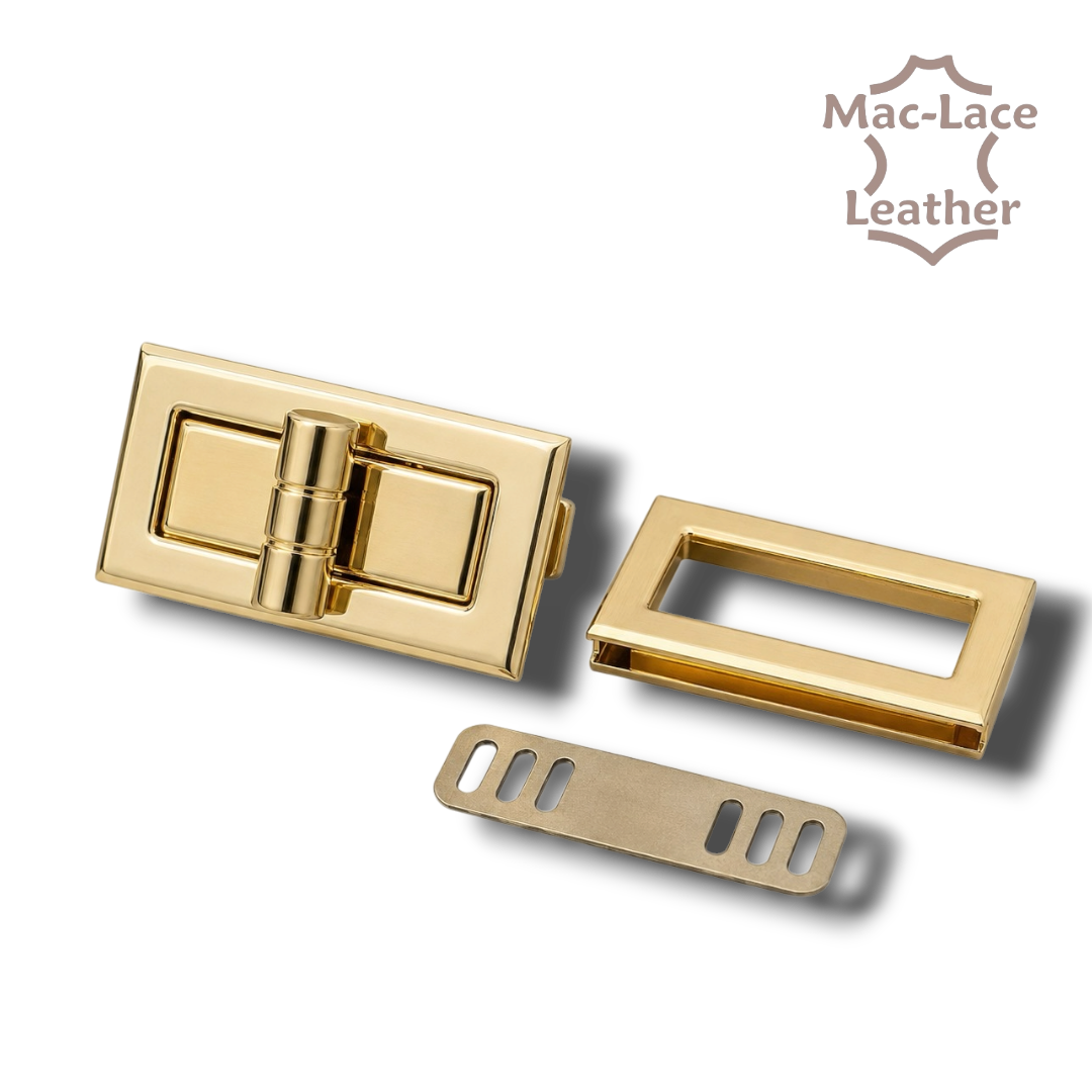 45mm x 25mm rectangle gold-plated twist bag clasp for leather handbags – SKU 2889-00