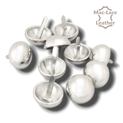 20mm round nickel decorative stud with two bend-over prongs, supplied in a pack of 10 for decorating leather belts, bags and craft projects.
