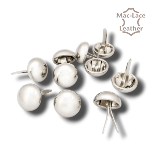 15mm round decorative leather studs in a polished nickel finish with two bend-over attachment prongs, supplied in a pack of 10.