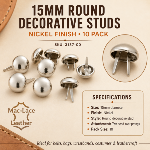15mm round decorative leather studs in a polished nickel finish with two bend-over attachment prongs, supplied in a pack of 10.