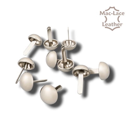 Alt text: 12mm round nickel decorative leather studs with two bend-over prongs, supplied in a pack of 10.