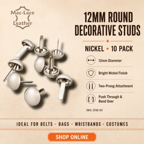 12mm round nickel decorative studs with two bend-over prongs, supplied in a pack of 10 for leathercraft projects.