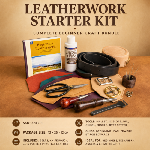 Complete Leatherwork Starter Kit with beginner leathercraft tools, leather projects, supplies and Ron Edwards instruction book.