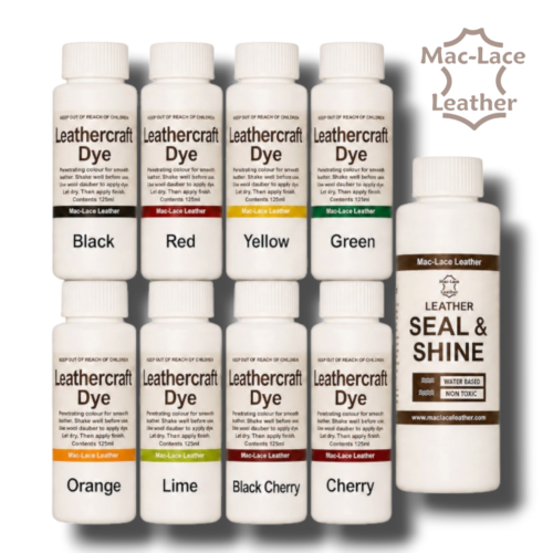 9 Pack MR MAC Leathercraft Dye Kit with eight 125 ml dye colours and 250 ml Seal & Shine