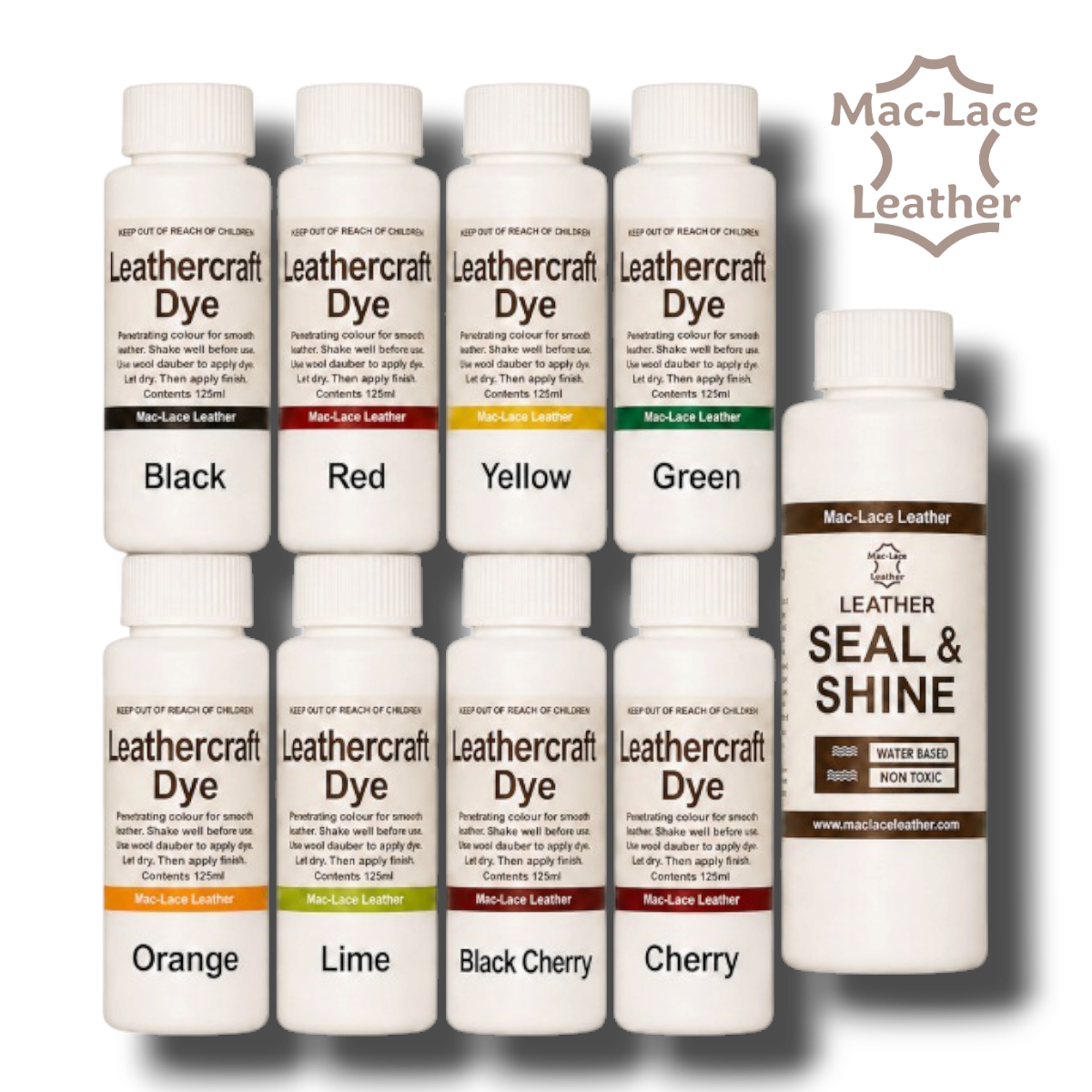 9 Pack MR MAC Leathercraft Dye Kit with eight 125 ml dye colours and 250 ml Seal & Shine